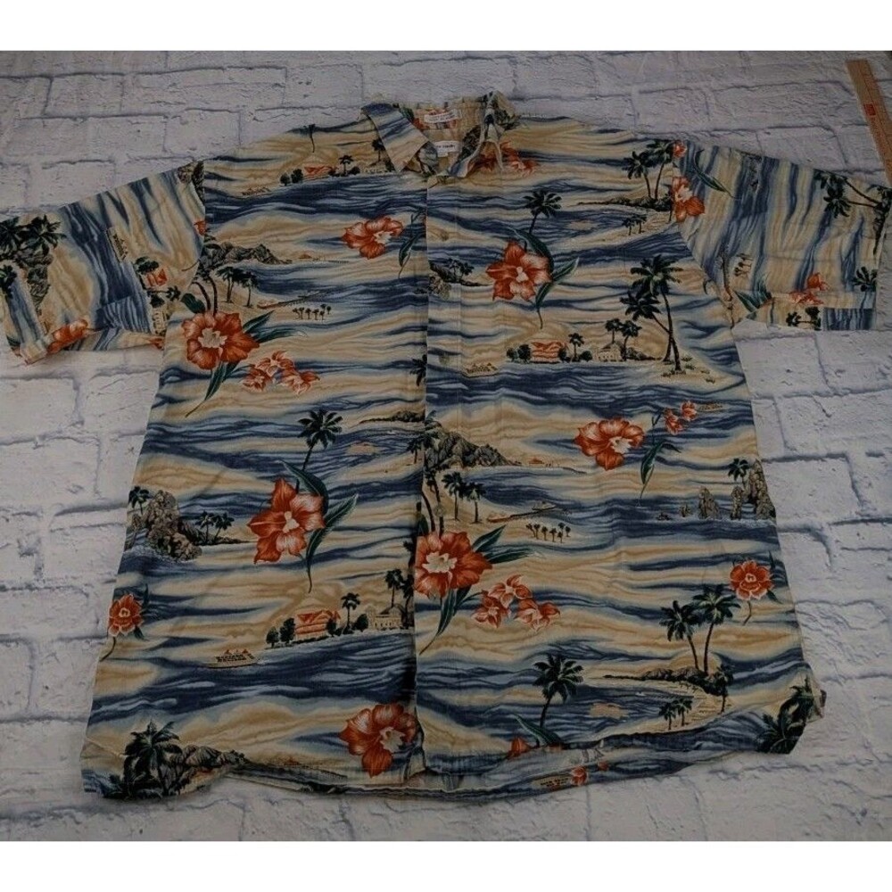 VTG Pierre Cardin Hawaiian Shirt Mens XLT White Blue Floral All Over Print Aloha